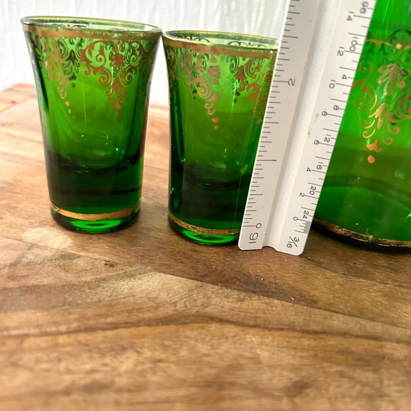 Mid century, green glass decanter set Blown Glass with 22k Gold - Picture 3 of 12